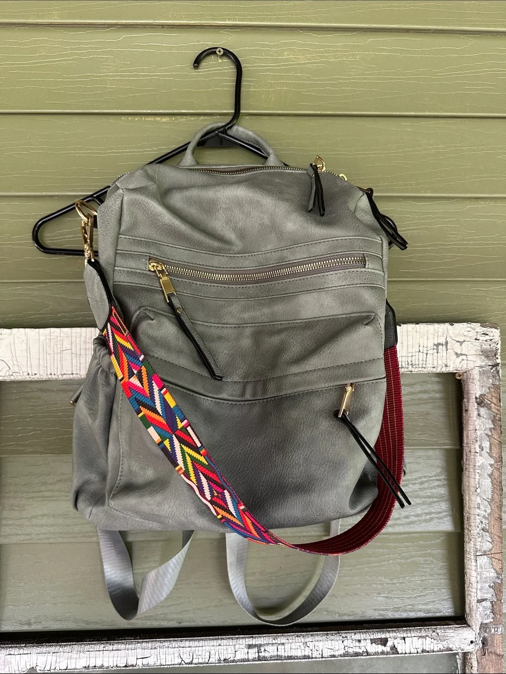 Versatile Gray Vegan Leather Backpack with Colorful Strap